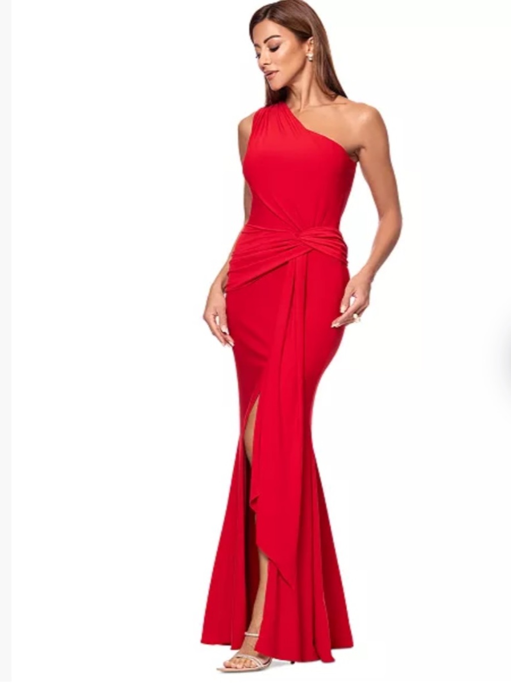 Xscape Twist Front One Shoulder Gown Red Size 14 NWT Formal Evening Dress - Picture 2 of 11